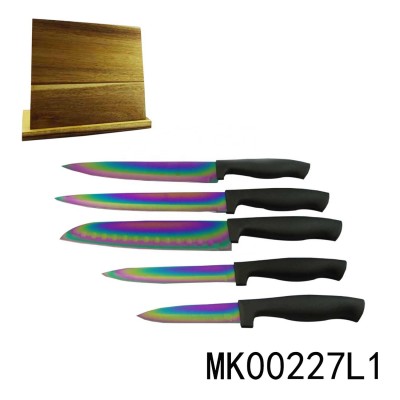 NEW ARRIVAL 5PCS RAINBOW TITANIUM COATED STAINLESS STEEL KNIFE+MAGNETIC WOODEN BLOCK